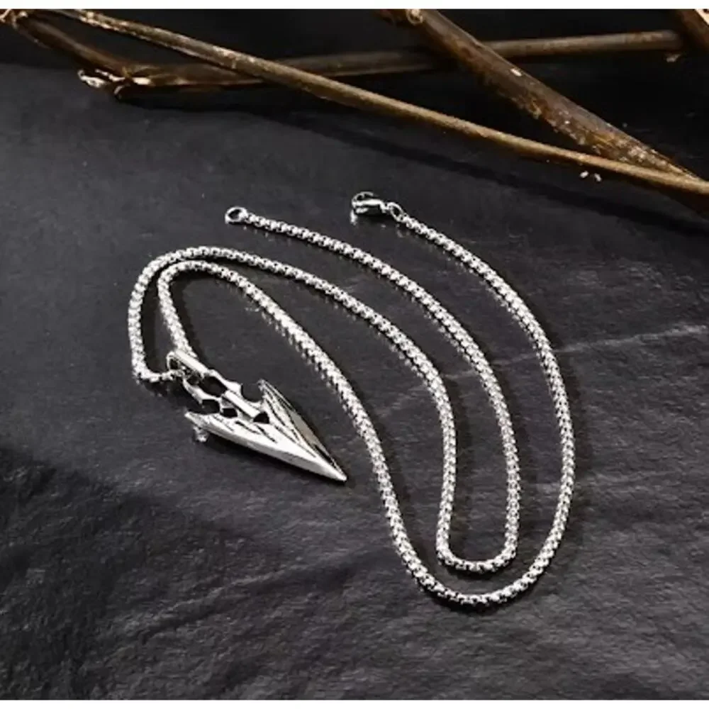 Silver Steel Spearhead Pendant Necklace 60cm Chain Mens Womens Gothic